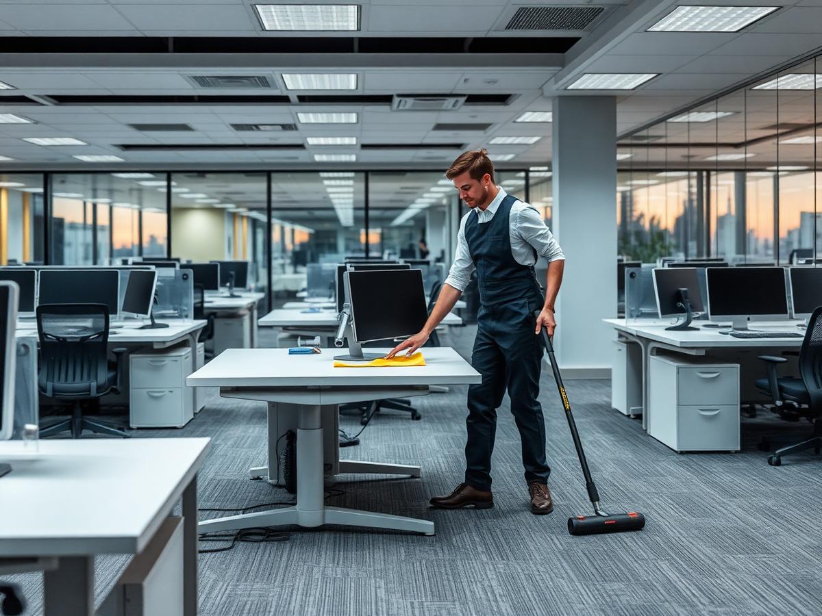 Professional office cleaning at dusk in a modern UK workspace