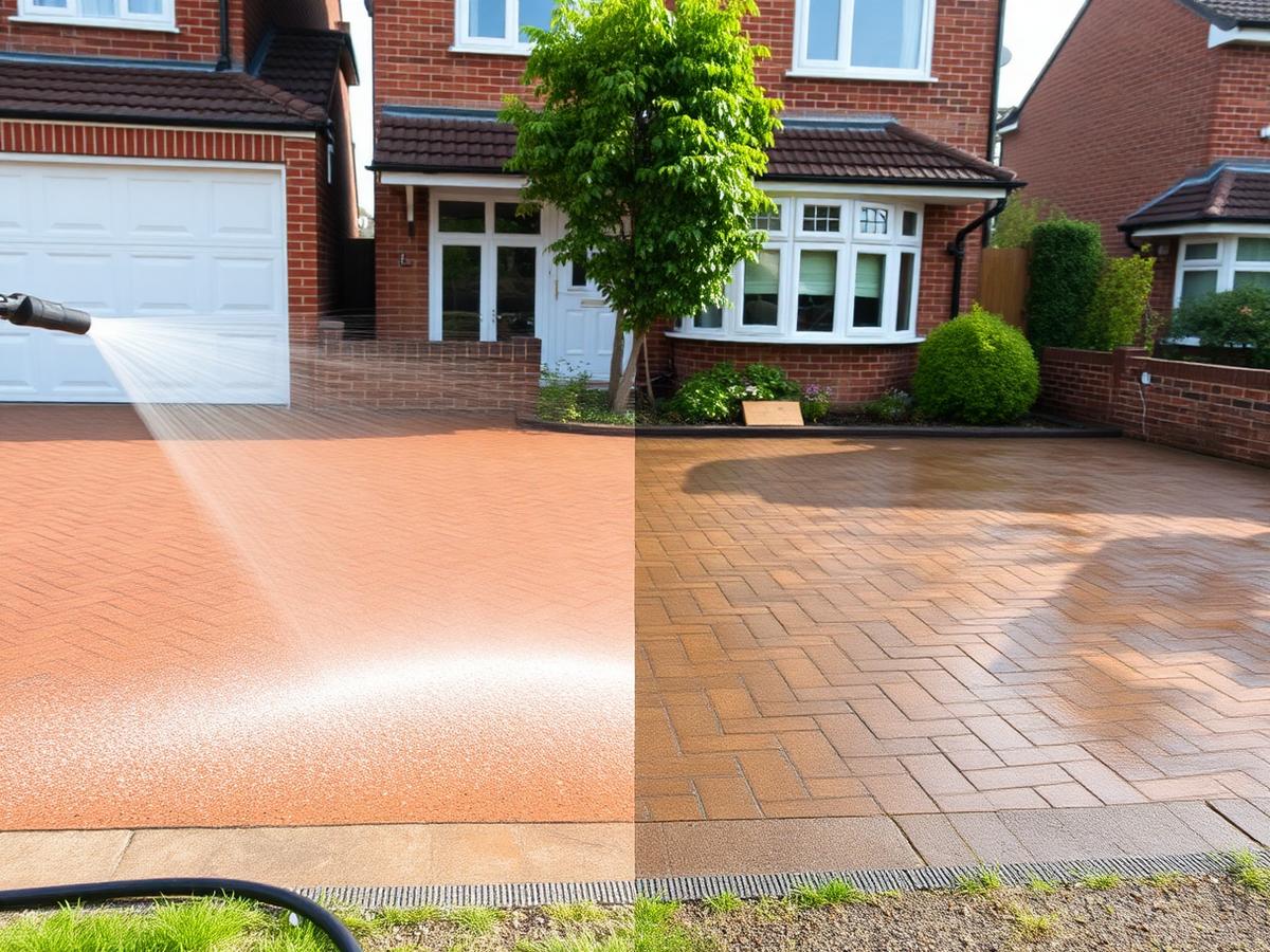 Pressure washing a UK red brick driveway and block paving
