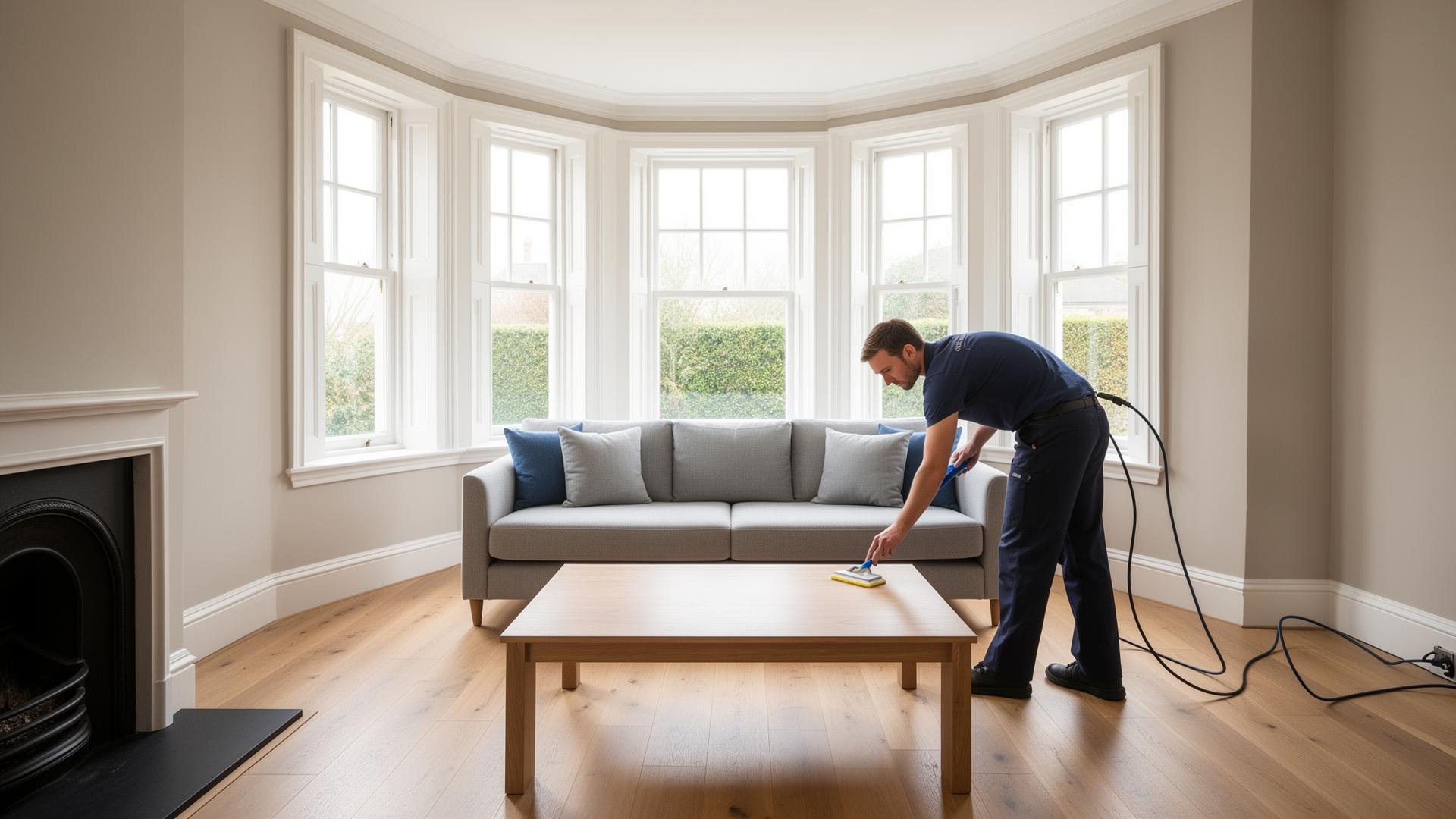 Professional cleaner polishing a coffee table in a bright UK living room with bay sash windows